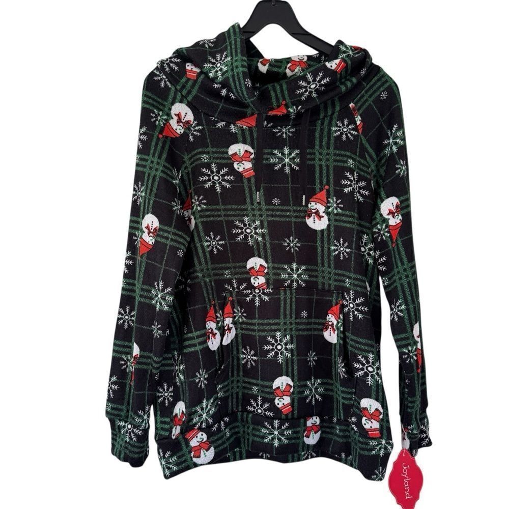 Joyland Green and Black Snowman Plaid Cowl Neck Sweater Size Medium